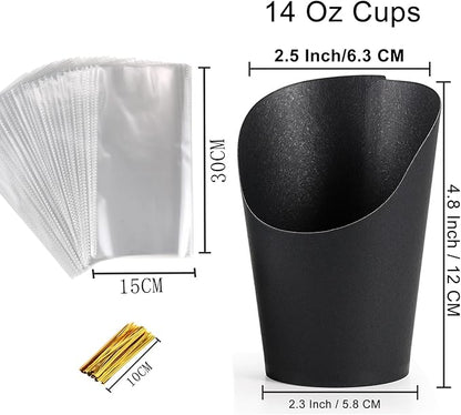 Disposable Charcuterie Cups 120 PCS with 200PCS Sticks and 120PCS Bags, 14 oz Kraft Paper Snack Boxes Appetizers Cup French Fry Holder with Cocktail Skewers Toothpicks Tooth Picks, Black