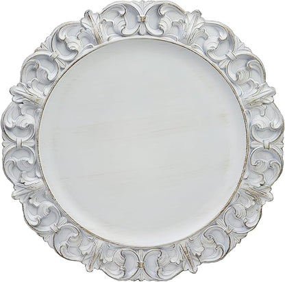 13" Antique White Charger Plates, Set of 6 Plastic Textured Chargers for Dinner Plates with Embossed Rim, Table Décor, Party, Wedding, Holiday