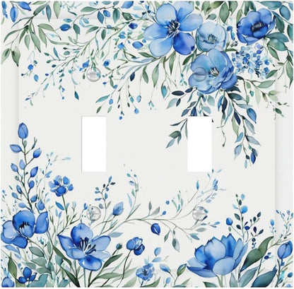 Decorative Light Switch Cover Blue Watercolor Flowers Retro Floral Leaves 2 Gang Wall Plate Double Toggle Switch Plate Receptacle Electrical Outlet Cover Switchplate for Bathroom Bedroom（2 Pack）