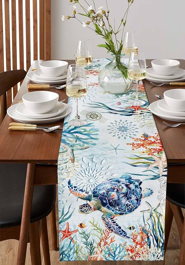 Sea Turtle Coastal Table Runners 60 Inches Long, Summer Beach Coral Table - Image 2