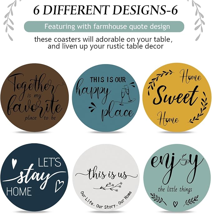 Queekay Coasters Set of 6 House Warming Gifts New Home Wooden Farmhouse Drink - Image 5