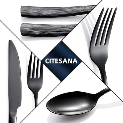 20-Piece Black Silverware Set for 4, CITESANA Heavy Duty Stainless Steel Flatware Set with Ripple Handles, Mirror Polished Kitchen Cutlery Set