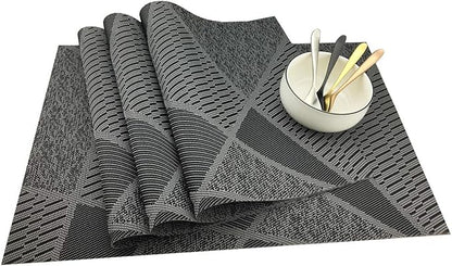 Gugrida Natural Placemats Woven Vinyl Non-Slip Insulation Heat Stain Resistant Washable Table Placemats Kitchen Dining Table Top Meal Mat Place Mats PVC Set of 6, Natural Black Wood Color