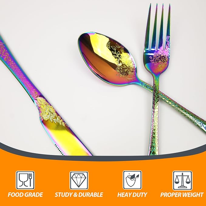 Runfly Modern Carved Floral Rainbow Stainless Steel 20-Piece Flatware Set | - Image 4