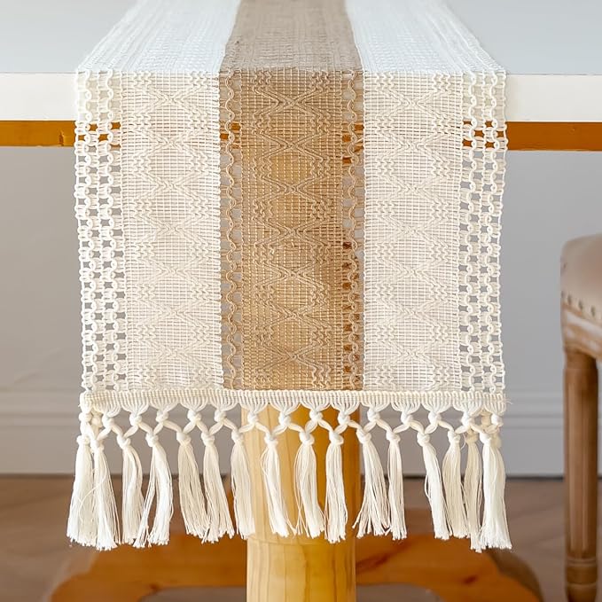 EMMTEEY Boho Table Runner with Tassels 36 Inches Long, Cream Brown | Handmade - Image 5