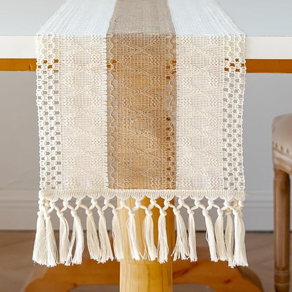 EMMTEEY Boho Table Runner with Tassels 72 Inches Long, Cream Brown | Handmade - Image 5