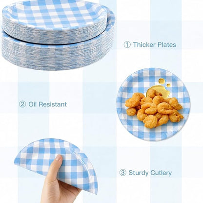 150PCS Blue Gingham Paper Plates & Napkins -Checkered Birthday Party Decor | - Image 3