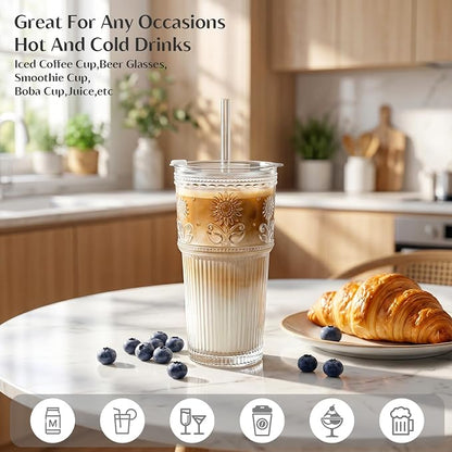 INSETLAN 20oz Ribbed & Floral Glass Tumblers - Image 4