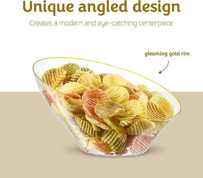 PLASTICPRO Angled Plastic Bowls Disposable Medium Plastic Clear Serving Bowls with Gold Rim for Party for Appetizer Salads Pack of 4