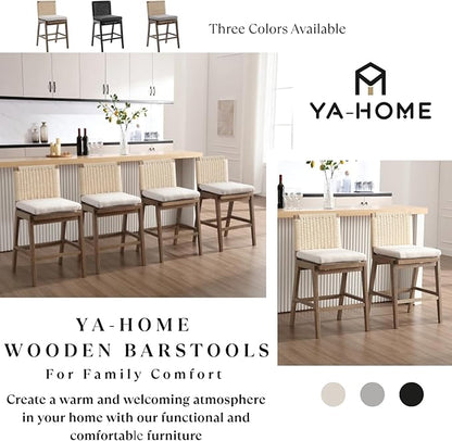 Counter Height Bar Stools Set of 2, 27” Linen Fabric Upholstered Counter Stools with Back, Modern Woven Barstools Mid Century Farmhouse Wooden Bar Chairs for Kitchen Island Dining Room, Beige
