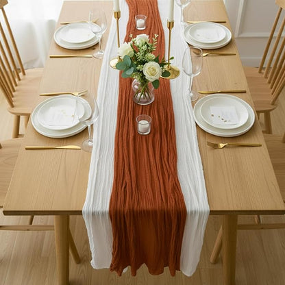 Cheesecloth Table Runner 2 Pack White and Terracotta, Boho Gauze Table Runner by Avolander