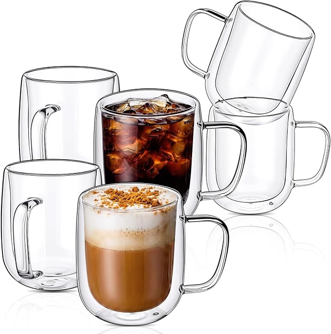 Patelai Glass Coffee Mugs Set of 6, 16 oz Clear Double Walled Coffee Cups by Patelai