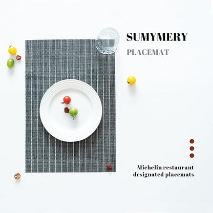 Placemats Set of 12 Vinyl/Plastic Woven Place Mats for Kitchen Table Indoor/Outdoor Washable Placemat Wipeable Dining Table Mats (Black Stripes,12)