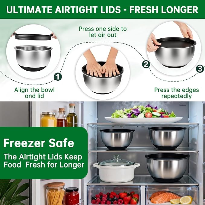 Deedro Mixing Bowls with Airtight Lids, Stainless Steel Mixing Bowls Set | 22 - Image 7