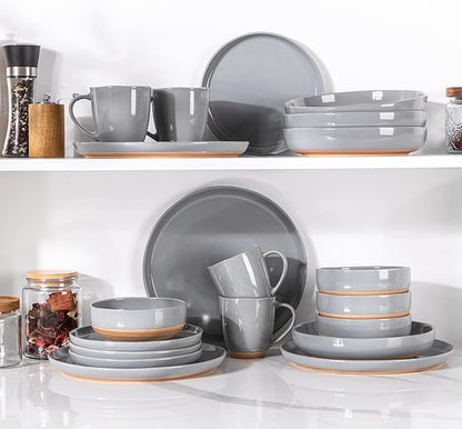 AmorArc 8.75'' Large Ceramic Pasta Bowls, 36oz Handpainted Stoneware Bowls Set of 4, Microwave&Dishwasher Safe Bowls with Wavy Rim&Rustic Terracotta Underside for Pasta Salad, Gray
