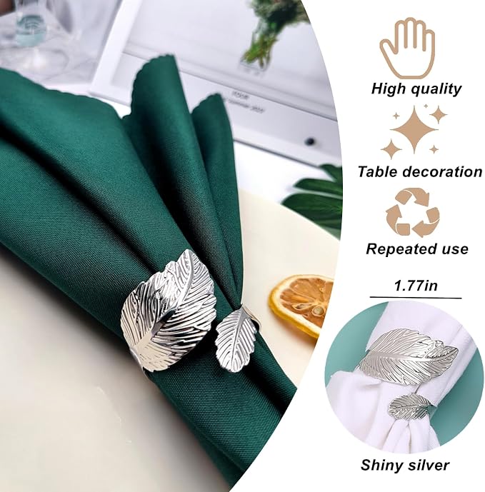 Silver Napkin Rings Set of 50, Metal Leaf Napkin Ring Silver Cloth Holders Bulk - Image 3