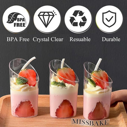 25 Pack Plastic Dessert Cups with Spoons, 3 oz Clear Mini Parfait Appetizer Cups, Reusable Slanted Triangle Shooter Serving bowls for Tasting, Small Dessert Shot Glasses