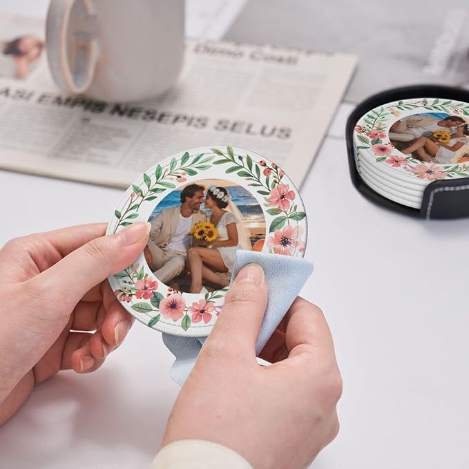 Photo Picture Custom with Flowers Design Print Leather Coasters Set of 6 with - Image 6