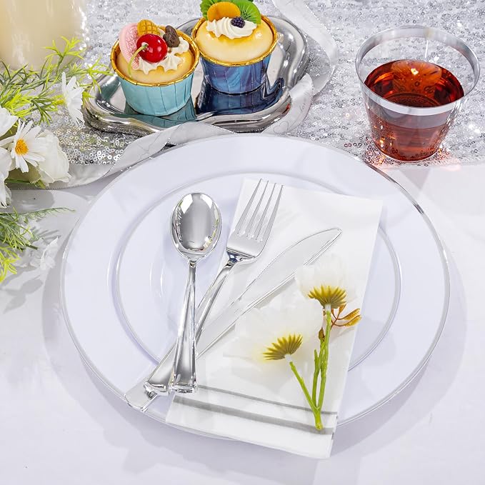 SUT 350 Piece Silver and White Plastic Dinnerware Set - Image 3