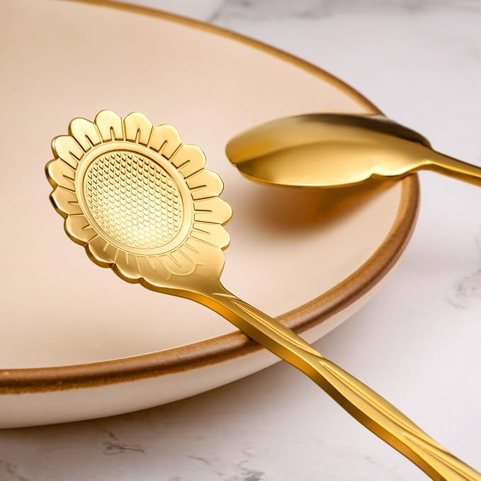 Chengu 8 Pcs Flower Coffee Tea Teaspoons Stainless Sugar Spoons ，Gold | Floral - Image 3
