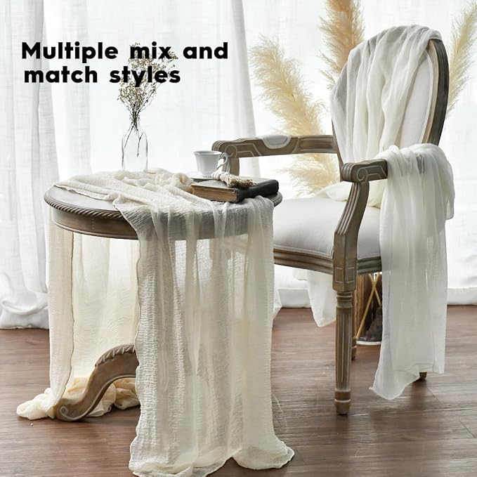 Artoid Mode Boho Cheesecloth Gauze Beige Wedding Table Runner, 160 Inch - Image 4