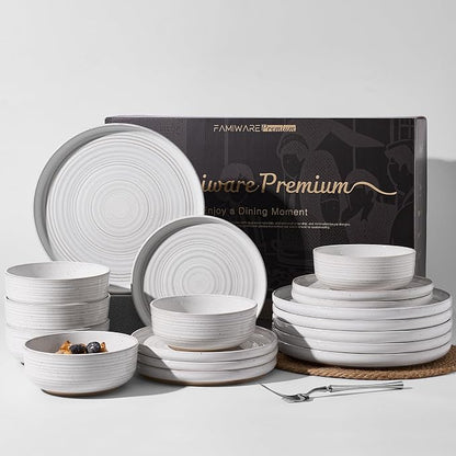 Stoneware Dinnerware Sets for 6, Coupe Plates & Bowls, Chip & Scratch Resistant by FamiwarePremium