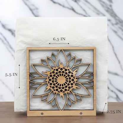 Handmade Sunflower Wood Napkin Holder for Farmhouse Rustic Decor - Laser Cut Farmhouse Table Kitchen Dispenser - Great Gift for Mother's Day or Leo Zodiac Birthday