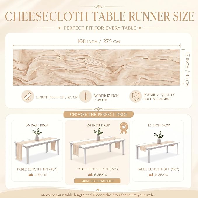 12 Pack Ivory Cheesecloth Table Runner 17x108 Inch Boho Rustic Semi Sheer Gauze - Image 3