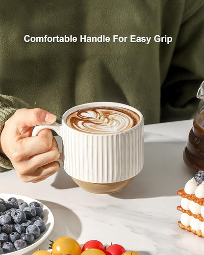 HASENSE 15 oz Ribbed Stackable Ceramic Coffee Mug Set of 4, Dishwasher & - Image 6