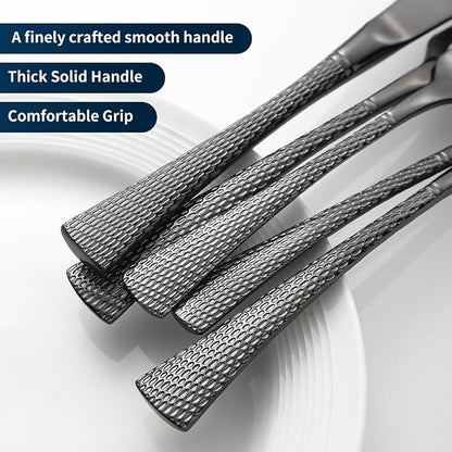 Hammered Black Silverware Set, 20 Piece Modern Flatware Set Service - Image 5