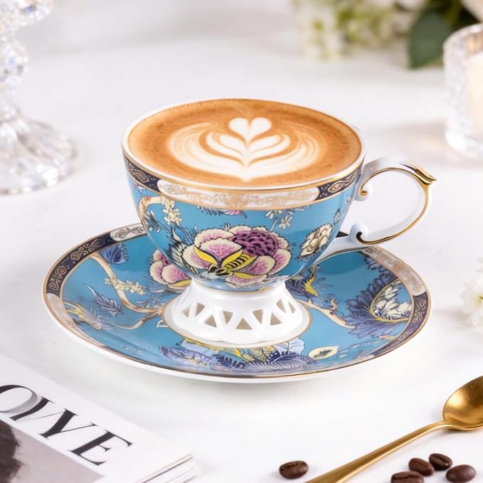 KAMMAK Tea Cups and Saucers Set of 2, Fine Bone China Coffee Cups, GHO03 | - Image 4