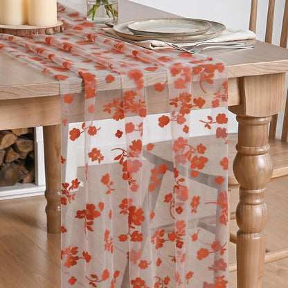 Artoid Mode Caramel Gauze Flocking Flowers Table Runner 10FT, Fall Sheer Dining by ArtoidMode