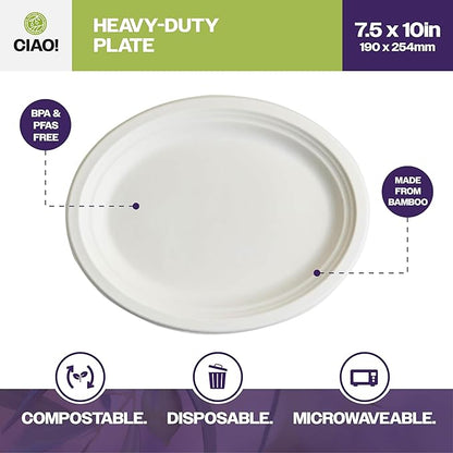 CIAO! 7.5"X10" Heavy Duty Oval Plate 100% Compostable PFAS Free made with Unbleached Bagasse Natural White (Pack of 500)