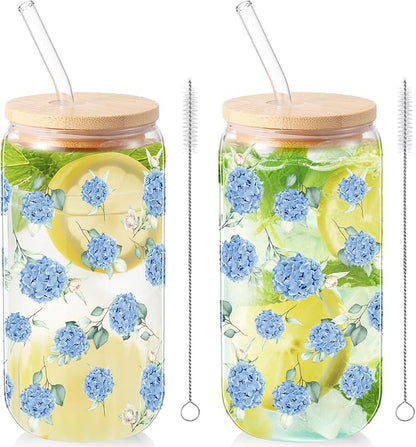 Sliner 2 Pcs Hydrangea Glass Cups Floral Gifts Flower Drinking Glasses 16 oz by Sliner
