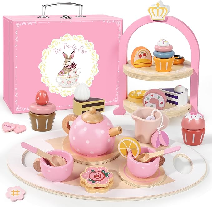Wooden Tea Party Set for Little Girls, Toddler Girl Gifts Princess Tea Time Toys by iAOVUEBY