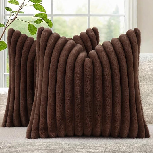 decorUhome Cozy Faux Fur Spring Throw Pillow Covers 18x18 Set of 2 Decorative Soft Plush Striped Modern Farmhouse Boho Couch Pillow Cases with Velvet Back for Sofa Bed Living Room, Dark Brown