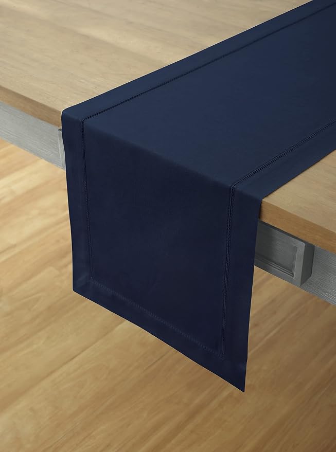 Solino Home Cotton Linen Table Runner Navy, Hemstitch Collection 14 x 48 in | - Image 2