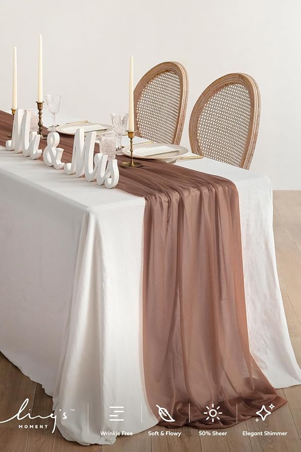 Ling's Moment 14Ft Brown Table Runner, Wedding Sheer Chiffon Table Runners | - Image 2
