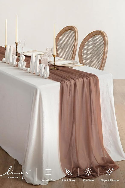 Ling's Moment 14Ft Brown Table Runner, Wedding Sheer Chiffon Table Runners | - Image 2