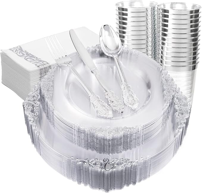 FLOWERCAT 175PCS Clear Silver Plastic Plates -Include 50 Plates, 25 Cups, 25 Forks, 25 Knives, 25 Spoons, 25Napkins for Wedding & Party&New Year