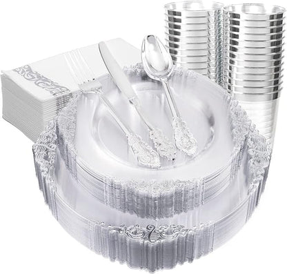 FLOWERCAT 175PCS Clear Silver Plastic Plates -Include 50 Plates, 25 Cups, 25 Forks, 25 Knives, 25 Spoons, 25Napkins for Wedding & Party&New Year