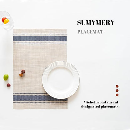 Placemats Set of 4 Vinyl/Plastic Woven Place Mats for Kitchen Table Indoor/Outdoor Washable Placemat Wipeable Dining Table Mats (Khaki Blue,4)