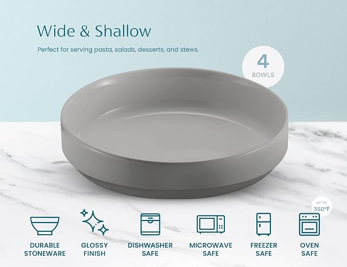 KooK Ceramic Large Pasta Bowls, Microwave and Dishwasher Safe, Shallow Serving - Image 6