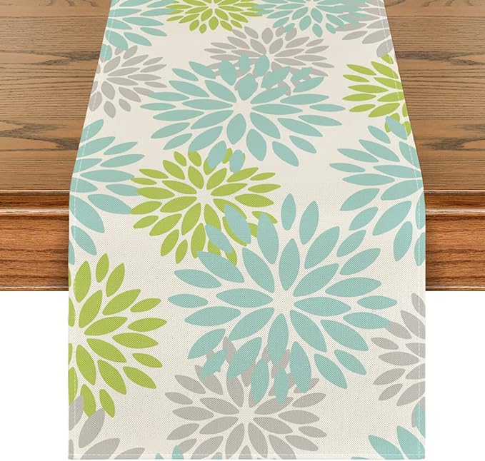 Artoid Mode Green Dahlia Floral Pinnata Summer Table Runner, Spring Kitchen by ArtoidMode