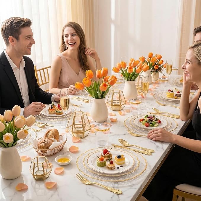 300PCS Gold Plastic Silverware, Vintage Disposable Utensils & Cutlery | 100 - Image 6