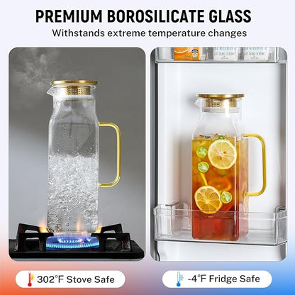 2 Quart (2 Liter 68 oz) Square Glass Pitcher with Lid and Spout, Water Pitchers with Handle for Fridge, Borosilicate Glass Carafe for Hot/Cold Drink, Large Jug for Iced Tea, Coffee, Beverage, Cold