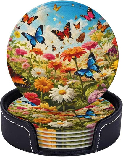 Drink Coasters with Holder Stand Set of 6, Bright Flower Butterfly Pu Leather by Unknown