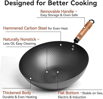 WANGYUANJI Carbon Steel Wok Pan with Lid, 12.6" Hammered Stir Fry Pan, Thickened Heavy Duty Flat Bottom Wok for Electric, Induction & Gas Stoves, Detachable Wood Handle, No Chemical Coating (Black)