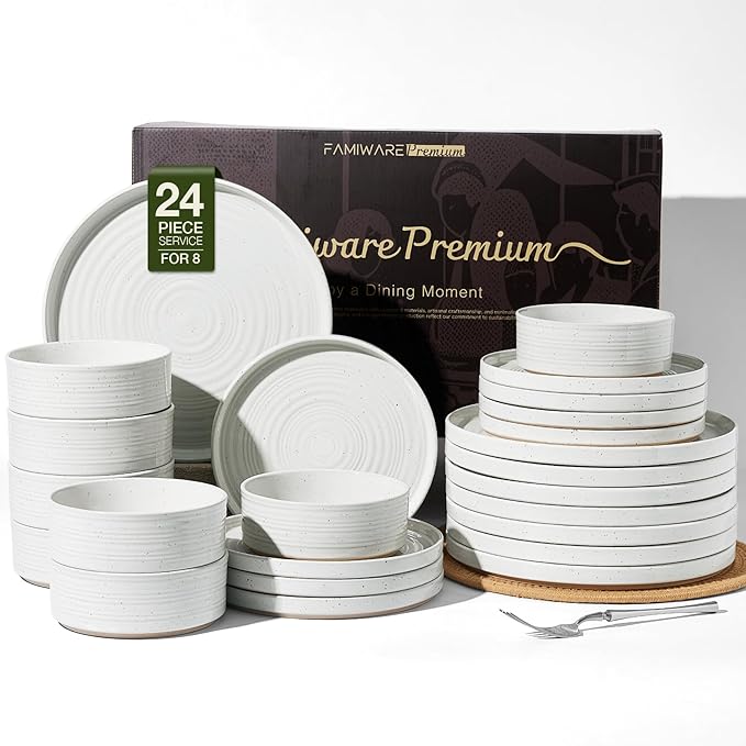 Stoneware Dinnerware Set for 8, Plates and Bowls by FamiwarePremium
