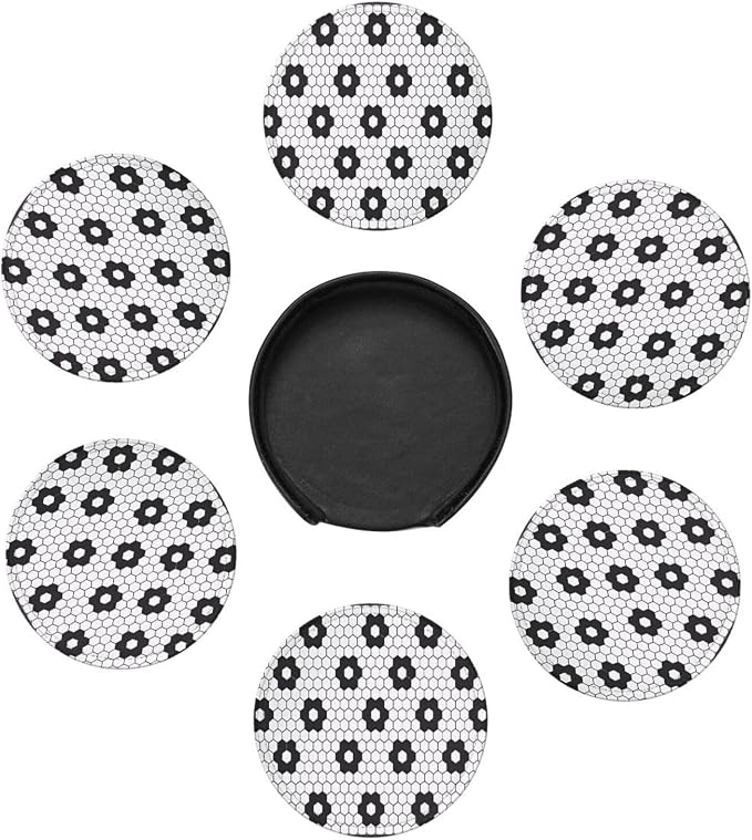 6 Pcs Black White Flower Hex Tile Print Floor Leather Coasters - Image 7